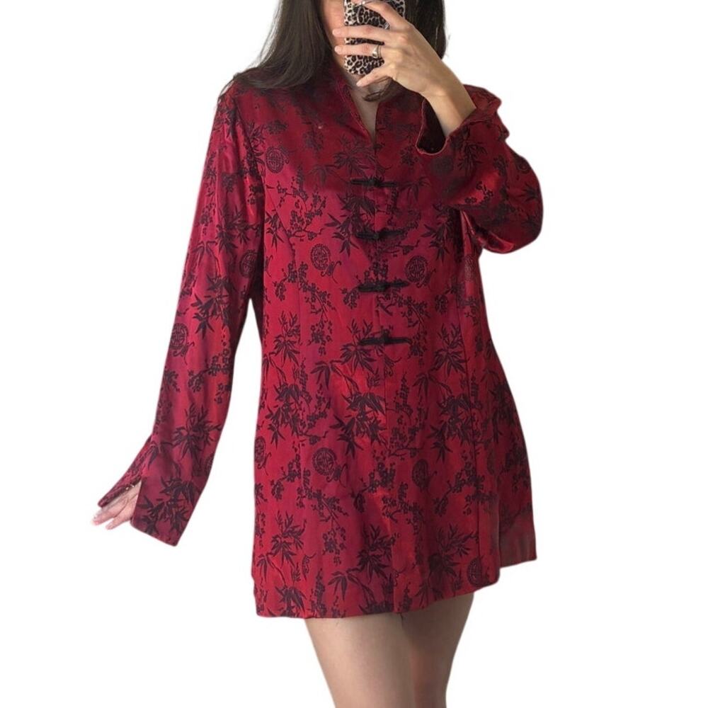 Vintage 90s Red Satin Chinese Frog Knot Jacquard Tunic Jacket Dress Size Medium